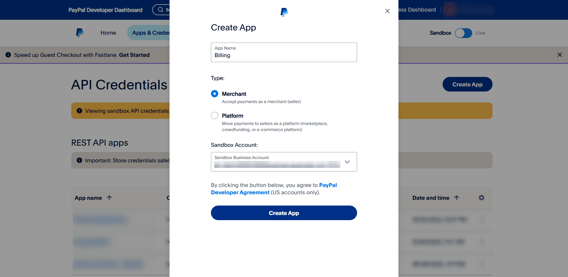 Create PayPal Application